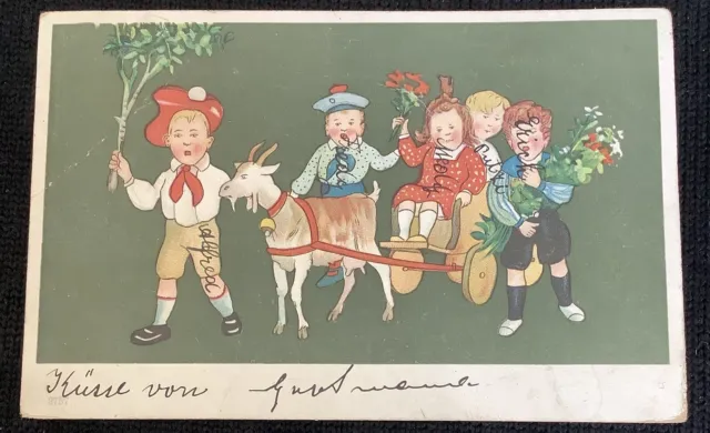 Vintage Postcard Children On Goat Cart Antique