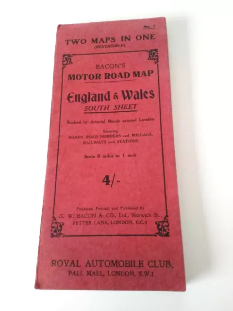 Two Maps In One England & Wales South Sheet Reversible Bacon's Road Map RAC