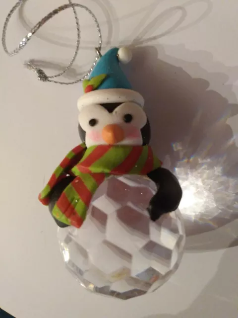 Penguin Christmas Tree Ornament Clay Art Irradesent Ball Artic Animal Vintage