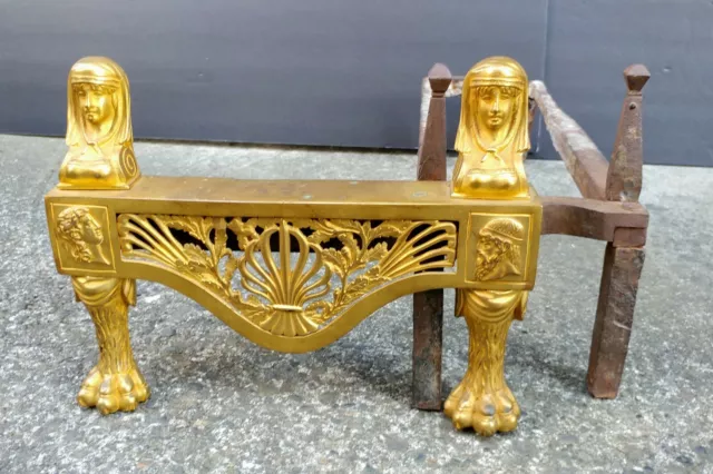 Antique Pair of Sphinx Egyptian Chenets Fireplace Andirons Rococo Gilt Heavy 2