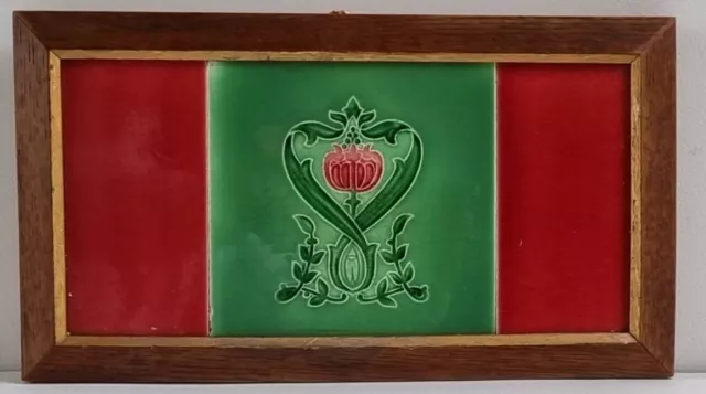 Pretty Framed Antique Art Nouveau Victorian Tile with Half Tiles 1900s