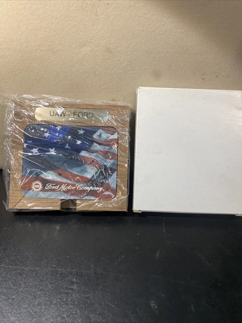 Vintage Ford Motor Co. UAW United Auto Workers 4 Coaster Set & Holder Sealed