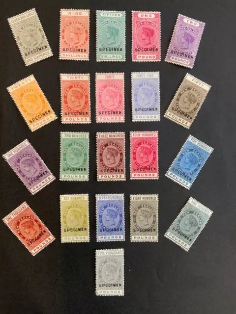 1882 New Zealand Stamp Duty, QV  7/- to £5000 21 stamps SPECIMEN essay.