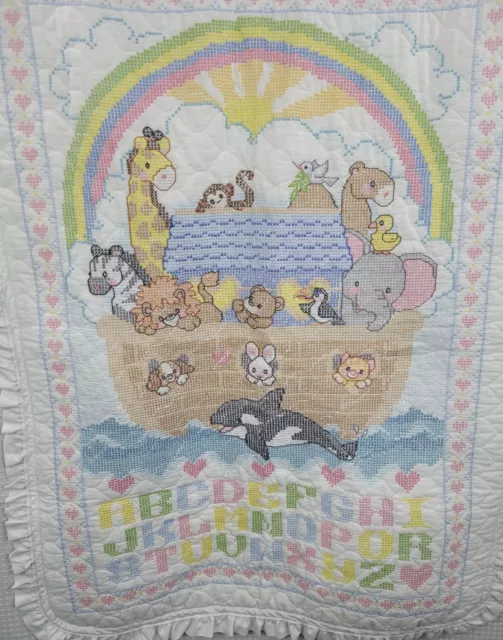 Quilted Hand Cross Stitched Embroidered Noah's Ark Baby Quilt Ruffle Edge Unused