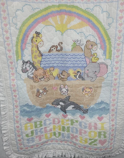 Quilted Hand Cross Stitched Embroidered Noah's Ark Baby Quilt Ruffle Edge Unused