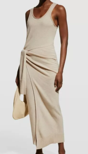 $545 Jonathan Simkhai Women's Beige Flynn Cashmere Wrap Midi Dress Size Small