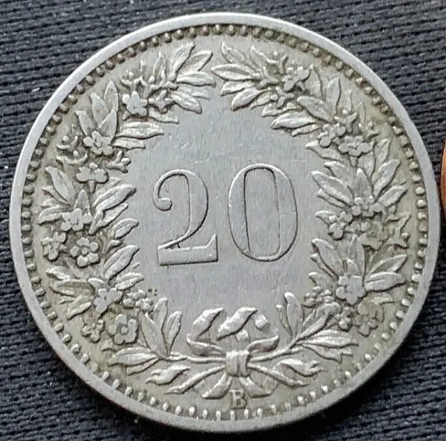 1884 Switzerland 20 Rappen Coin XF   ( 4 Million Minted )  World Coin #M161