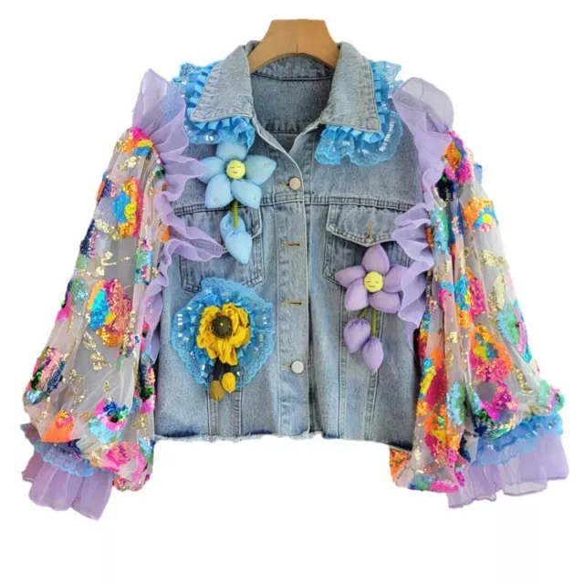 Cowboy Sequin Mesh Sleeve Denim Jacket Hippie Button Flower Loose Jean Outerwear