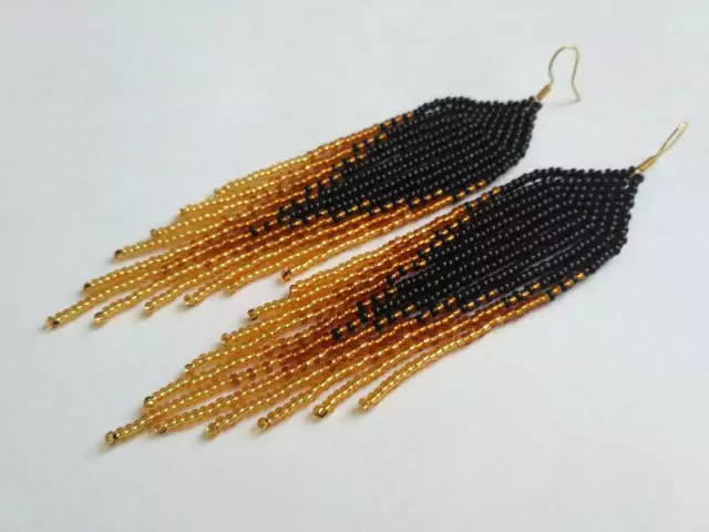 Gold bead Handmade Beaded Earrings Fringe Dangling Earrings Seed bead  earrings
