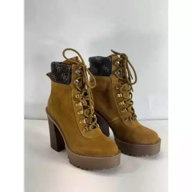 GUESS Women's Medium Brown Kelyna Lace-Up Lug-Sole Platform Booties SZ 6