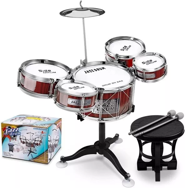 Set 8pz Batteria Per Bambini 5 Tamburi Musicale Percussioni 3-10 Anni Giocattoli