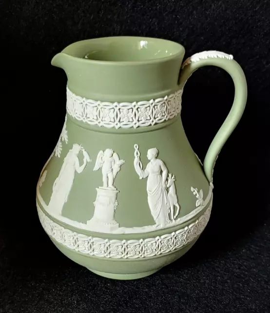 Wedgwood Jasperware Etruscan Jug Pitcher Sage Green and White Cameo Relief 5" H