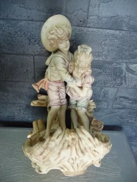 Ancienne Figurine Couple Enfants En Faïence Biscuit De Porcelaine