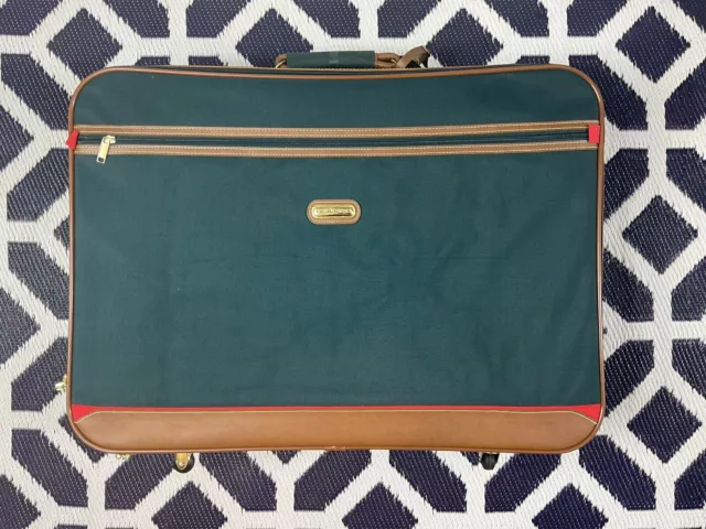 NWOT Vintage 90’s Jaguar Luggage Suitcase Travel Bag Green Brown Leather Trim