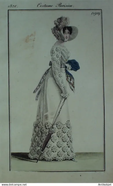 1820 Parisian Costume Fashion Engraving No. 1911 Embroidered Silk Walking Dress