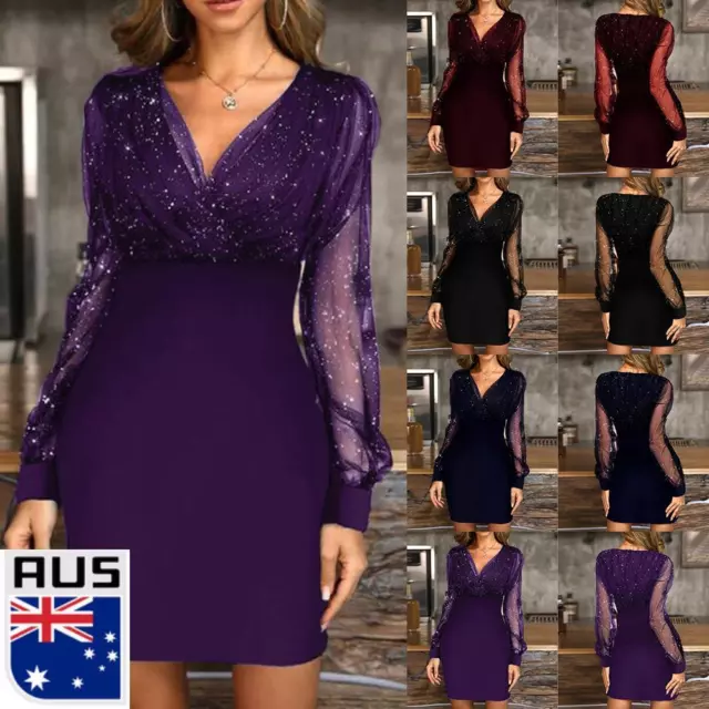 Womens Sexy Mesh V-Neck Bodycon Mini Dress Ladies Evening Cocktail Ball Gown AU