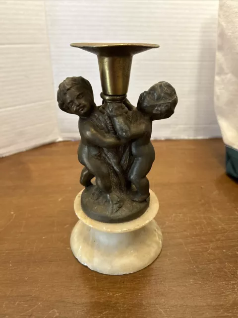 Vintage Brass Cherub Candle Holder With Marble Base Marked Made In Italy On Base