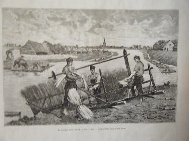GRAVURE SUR BOIS 19ème ROUISSAGE DU LIN DANS LA LYS BELGIQUE
