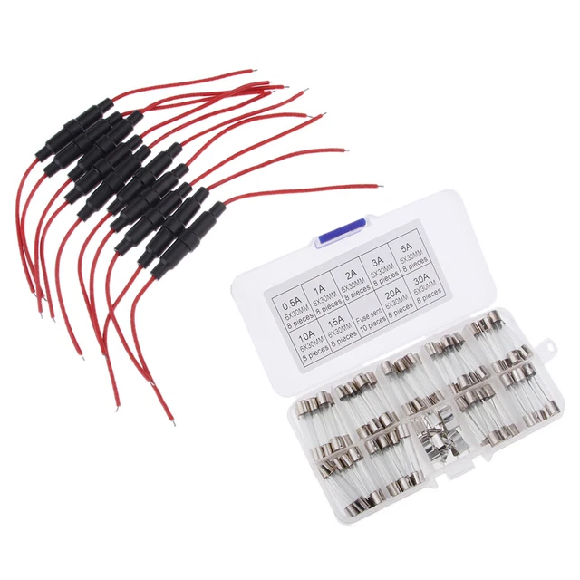 72pcs 6x30mm Rapide Fusible Verre Fusibles Kit + 16 AWG Fil AGC Porte-fusible En