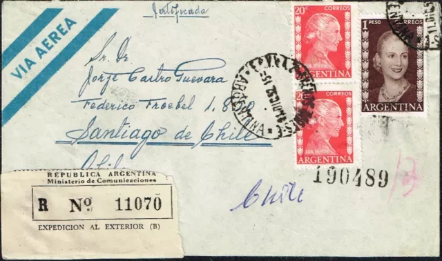 624 Argentina To Chile Registered Air Mail Cover 1952 Evita Stamps