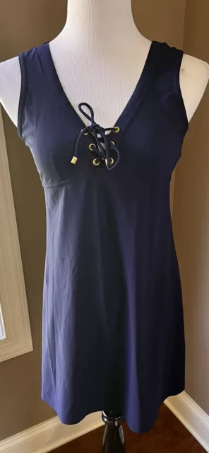 Karla Colletto Navy Blue, Lace-Up Front, Tank Dress, Swimsuit Cover Up in Small
