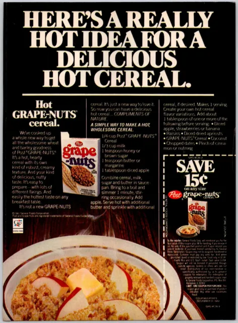 PRINT AD 1981 Post Grape Nuts Hot Cereal Idea Recipe with Vintage Coupon 8x11