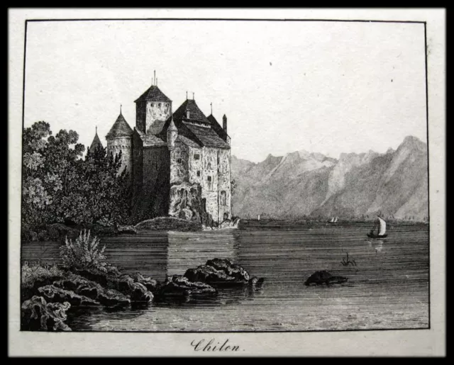 Schloss CHILLON bei MONTREUX, Schweiz. Originale Lithographie 1835