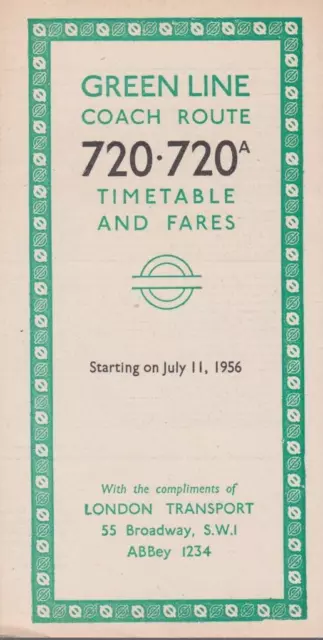 London Transport Green Line Coach Route 720 Bus Timetable Lft Jul 1956