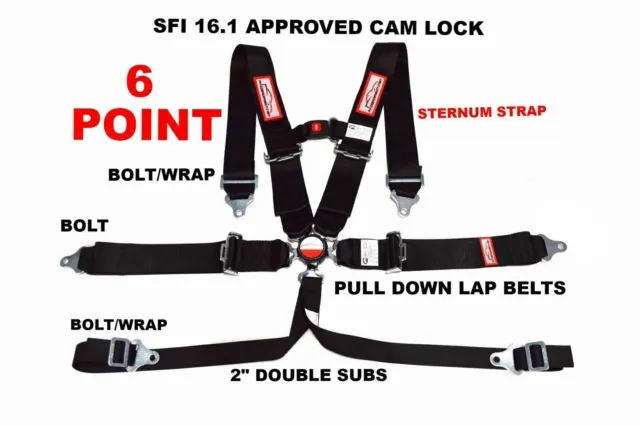 6 POINT RACING HARNESS SFI 16.1  with  STERNUM STRAP 3" CAM LOCK BLACK