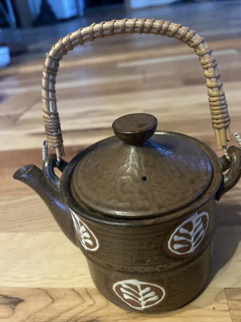 Vintage Pottery Made in Japan Oriental Asian Stoneware Teapot Bamboo Handle Leaf
