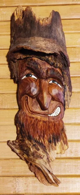 Vintage Hand Carved Wooden Man Face Tree Spirit Berggeist Handmade Gnome Signed