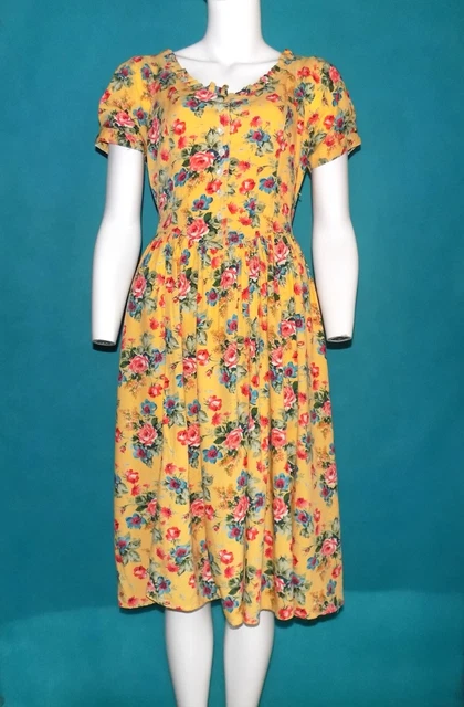 Robe Vintage René Derhy - Motif Floral Multicolore Sur Fond Jaune - Taille M/38 - Occasion Très Bon État