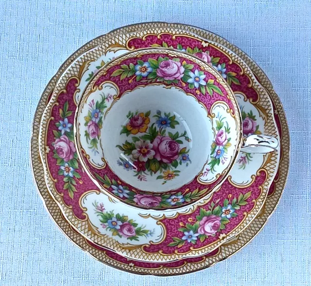 Vintage EB Foley Tudor Dark Pink Floral Trio Tea Cup, Saucer and Plate