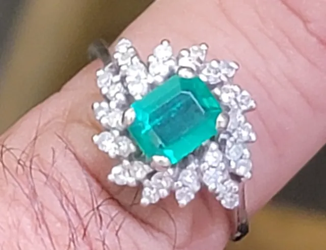 VIVID! Certified Natural Colombian Emerald & Diamonds 18K White Gold Ring $2550.