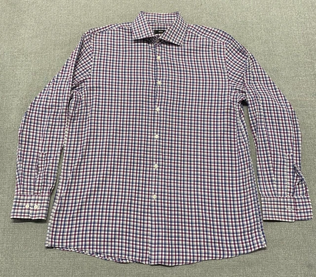 Hugo Boss Dress Shirt Mens Size 17.5 34/35 SHARP FIT Blue Burgundy Long Sleeve