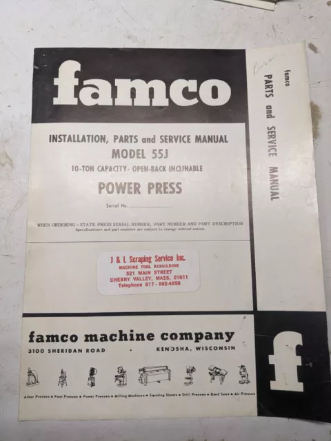 Famco Machine Power Press Model 55J Operator Service Manual Parts List