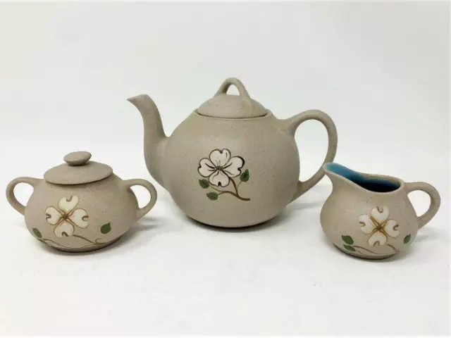 Pigeon Forge Pottery Tennessee Teapot, Cream & Sugar Dogwood Blossom Pattern