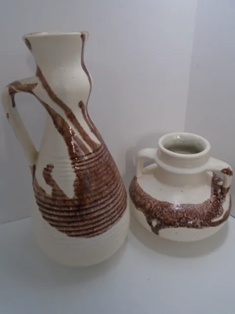 Lot of 2 Art Ceramic Glazed Vases Brown Glaze on Beige Large 10" and Small 6"