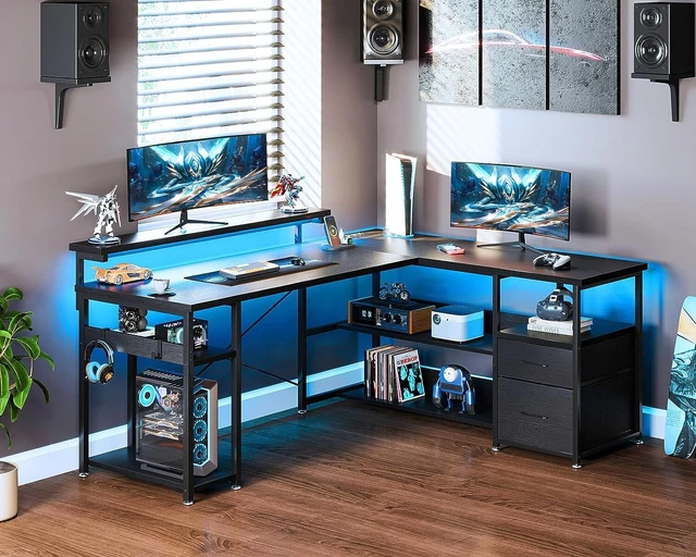 L SHAPED GAMING Desk with Power Outlets LED Stripe Reversible Computer