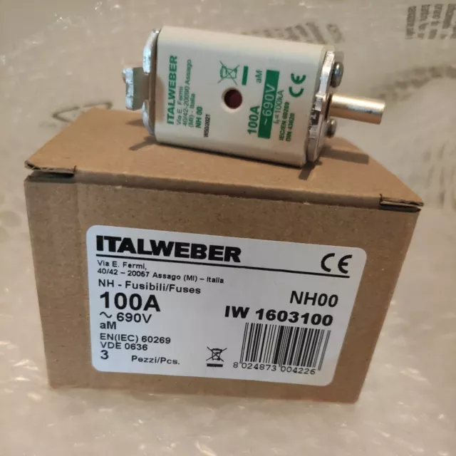 Fusibile NH00 Italweber a coltello  100A 690V 3 PEZZI