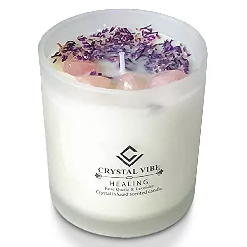 Healing Crystal Candle - Lavender Scented Healing Candles with Rose Quartz Cr...