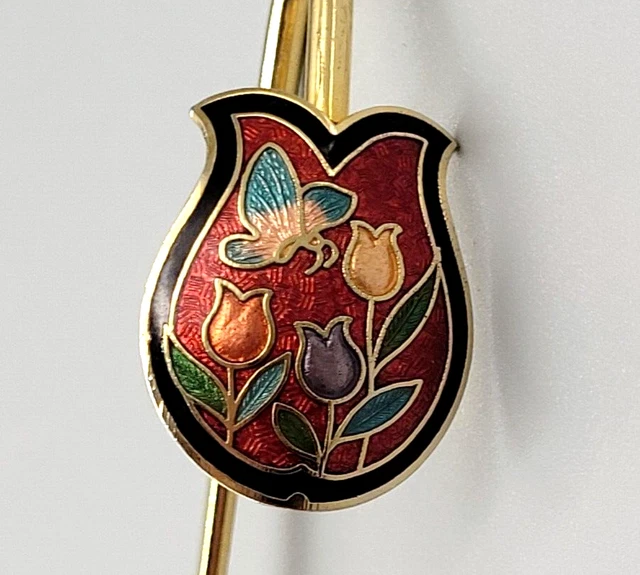 Vintage Cloisonné Enamel ^ Tulip Design ^ Gold Tone Metal Hook Bookmark Colorful