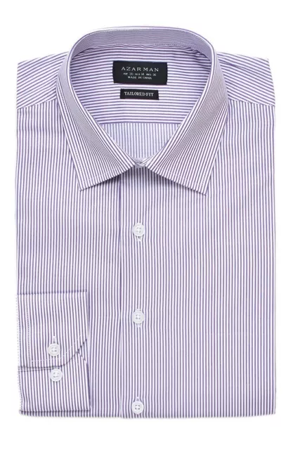 Slim / Tailored Fit Mens Lavender Stripe Dress Shirt Wrinkle-Free By AZAR MAN