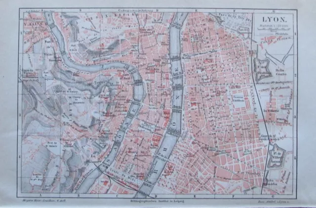 1889 LYON historische Stadtkarte Lithographie old city map