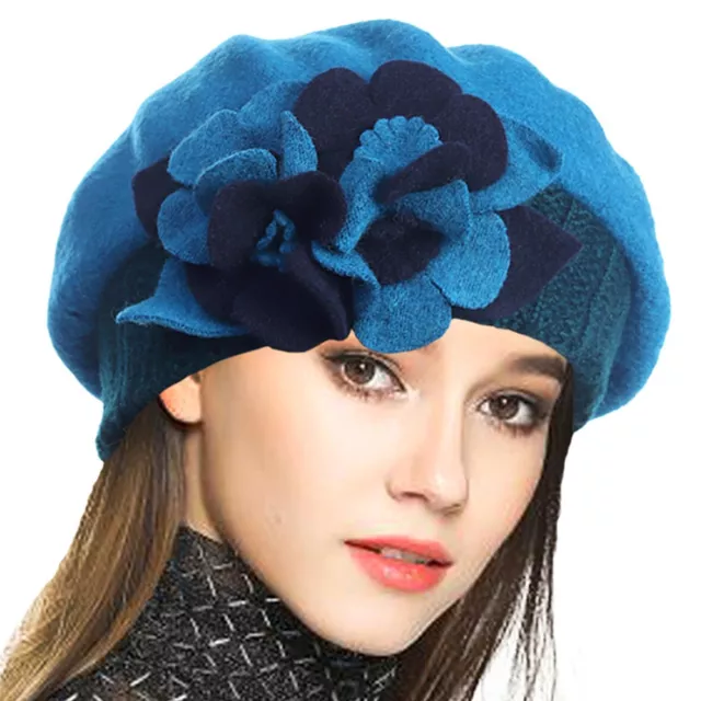 Lady French Beret 100% Wool Beret Chic Floral Knit Beanie Winter Hats Turquoise