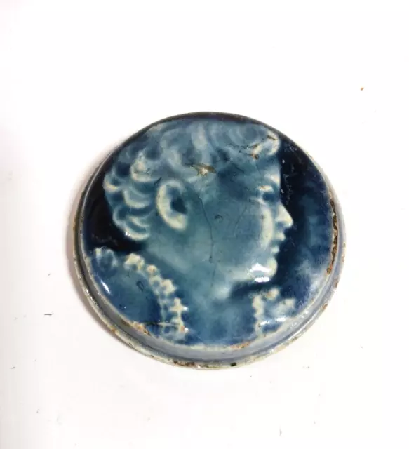 Antique Blue Majolica Child Girls Portrait Medallion Round Stove Tile Museum Pc