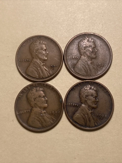 lot of 4 lincoln Wheat cent pennies / 1920-s 1921-s 1926-d 1928-d