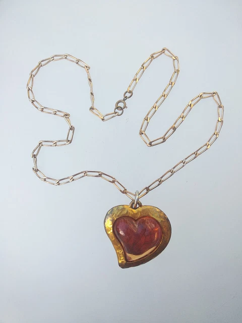 Collier/pendentif Cœur En Verre Jaune à Bulles - Avec Lacet Coton Noir (NEUF, Sans Boîte)