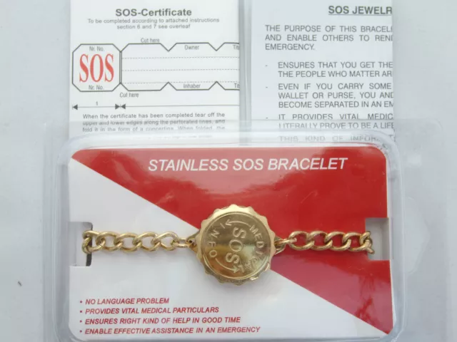 Ladies/Mens Sos Bracelet/Medical Alert/Emergency/Gold Stainless Steel Talisman