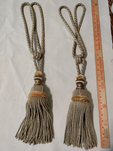 Large, Rare, Estate Drapery Curtain Tie Backs Tassels Swags Neutral Beige Pair